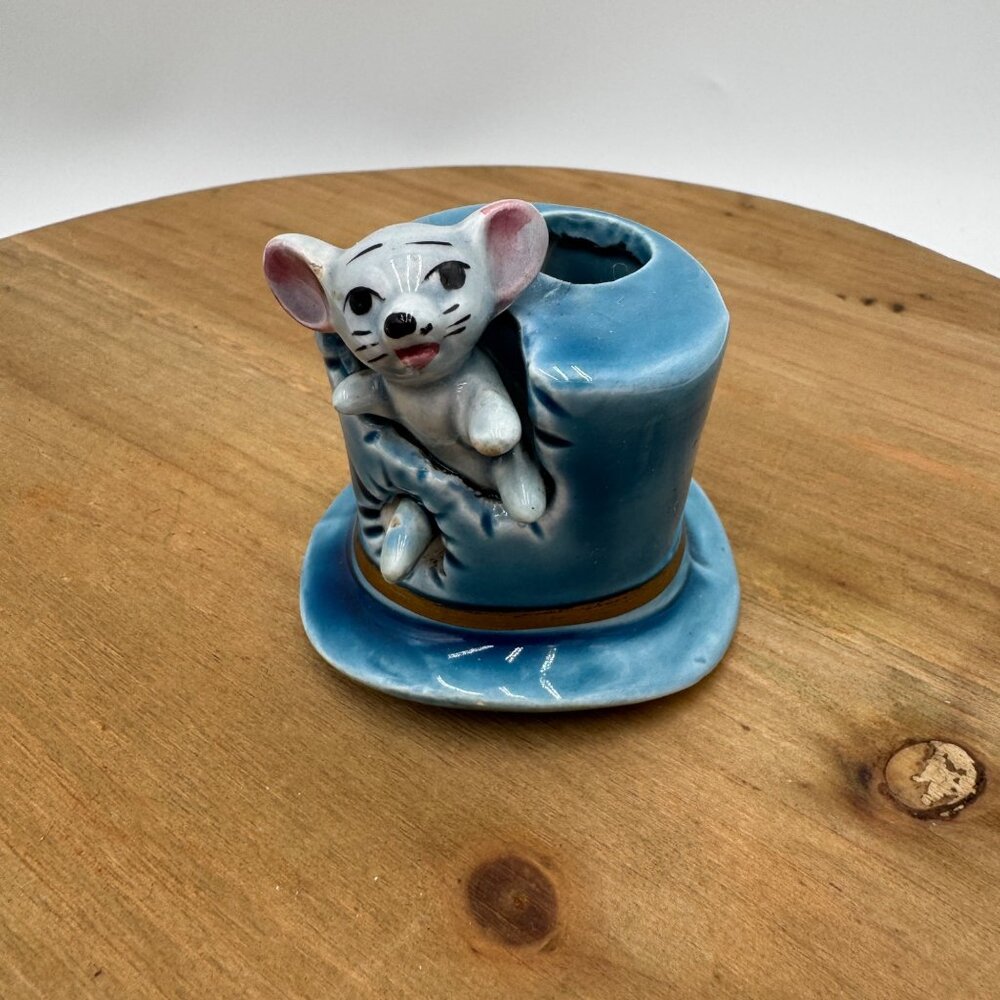 Vintage Mouse in Blue Hat Toothpick Holder Stamped on bottom Japan blue gray
